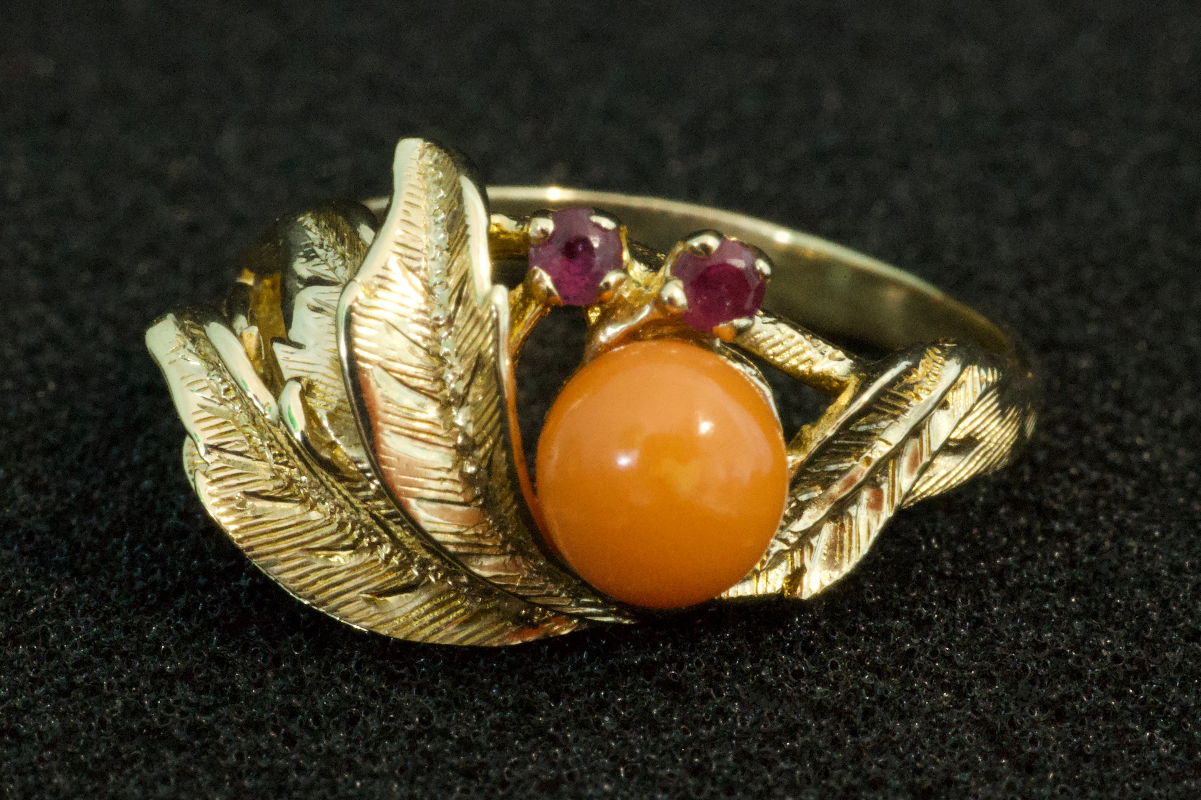 Peach-Pearl & Ruby, 14k Gold Ring
